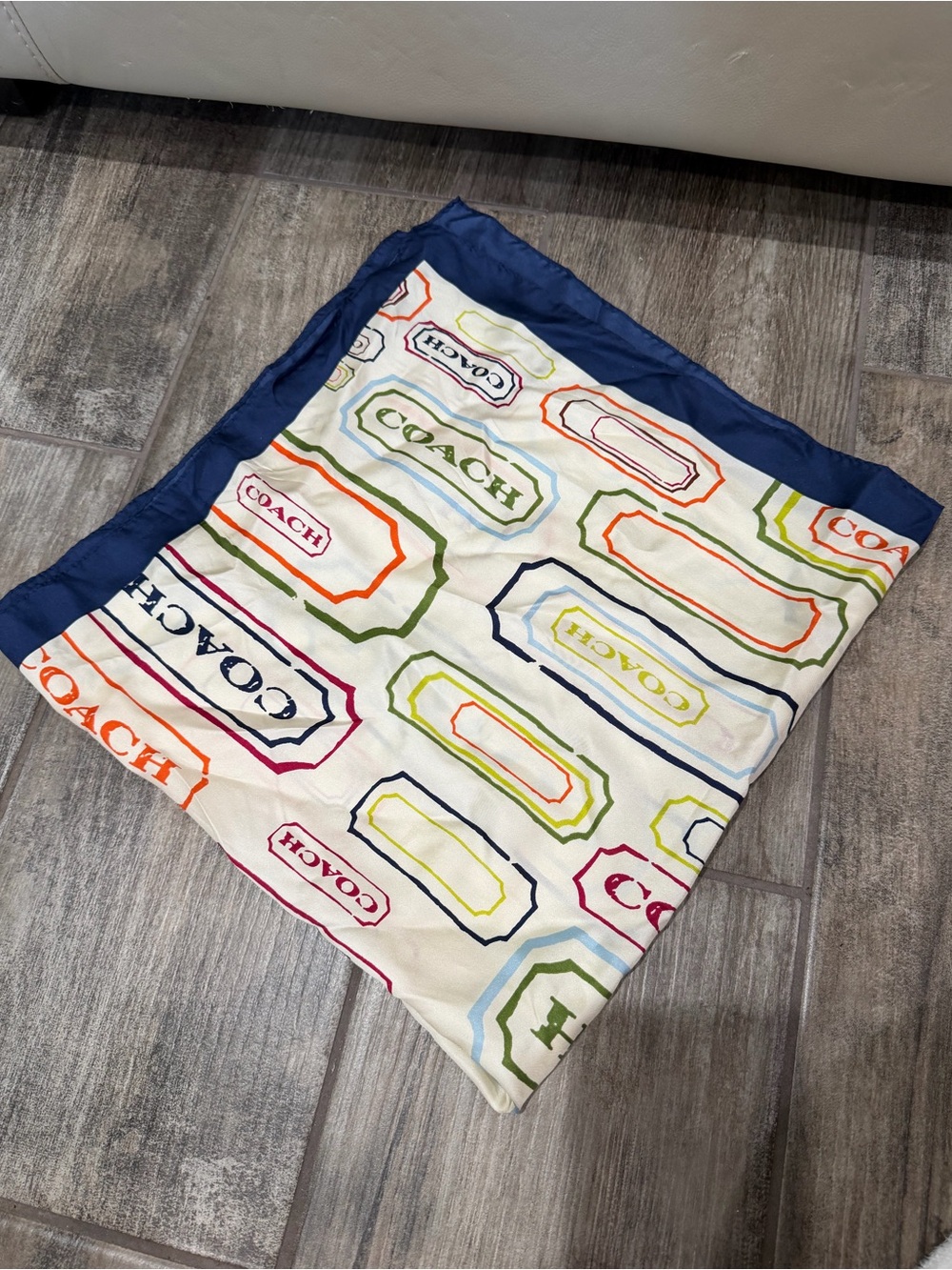 Coach Multicolor Logo Silk Scarf with Navy Trim